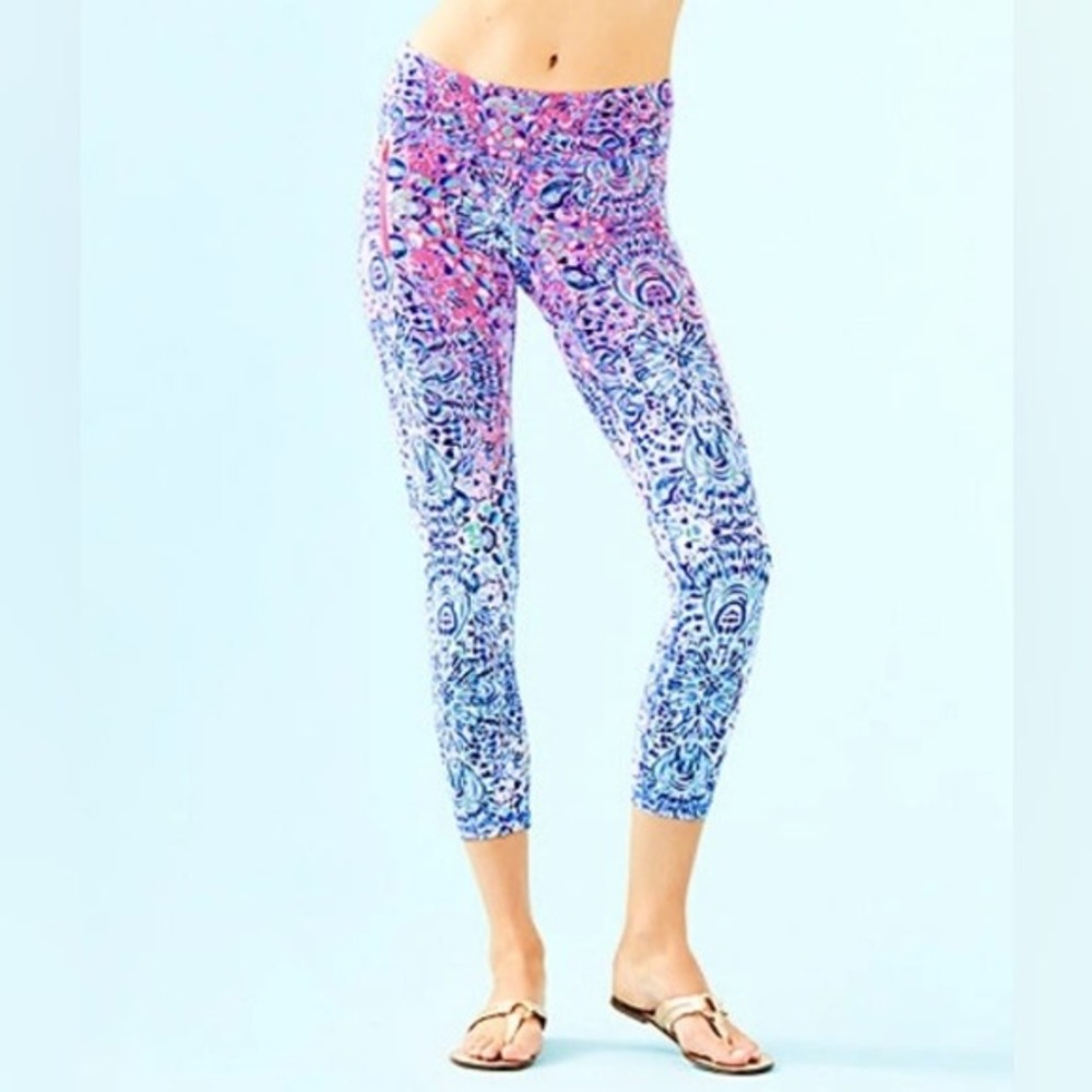 Lilly Pulitzer Luxletic Weekender Midi Leggings Womens S Pink Blue Floral Crop